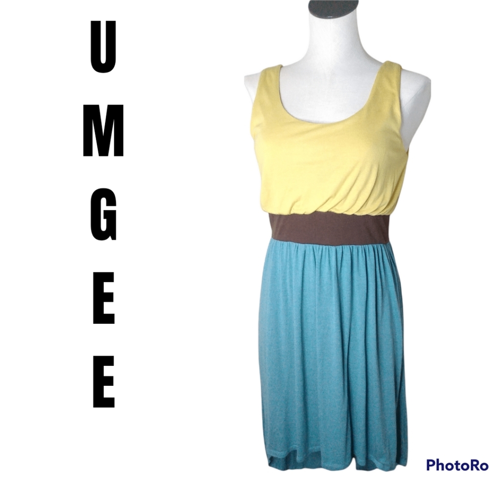 Umgee USA High Low Yellow Brown Blue Boho Tank Flowing Dress Size Medium